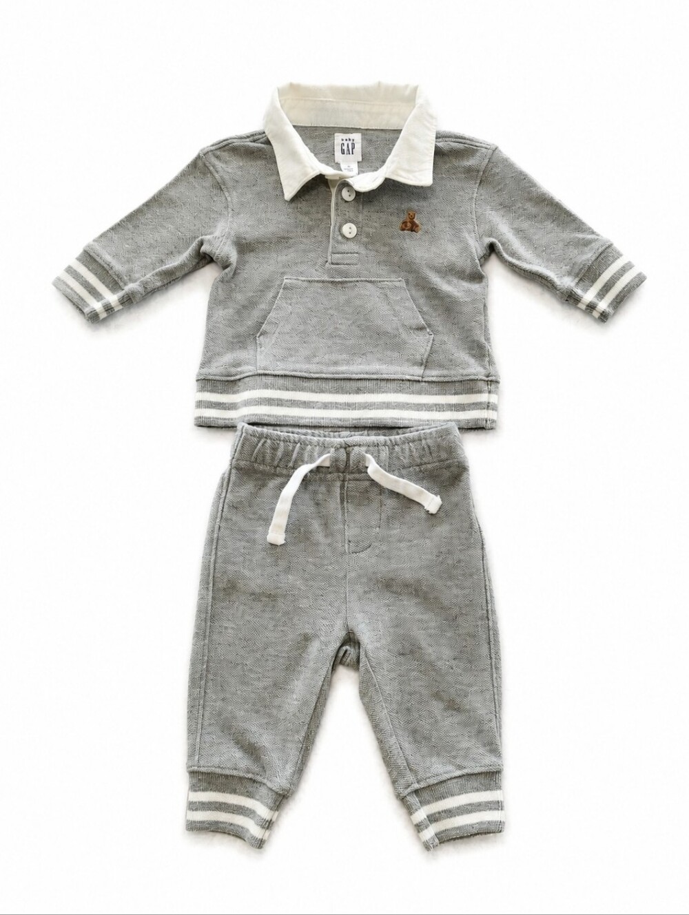 Baby GAP 2 Piece Outfit Set 0-3 Months Gray Polo Sweatshirt Jogger Pants Bear Lo